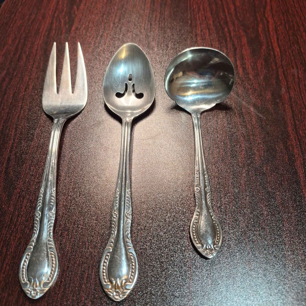 Columbia Stainless Steel Japan Flatware Beaded Floral Dinner 3 Piece Serving Set